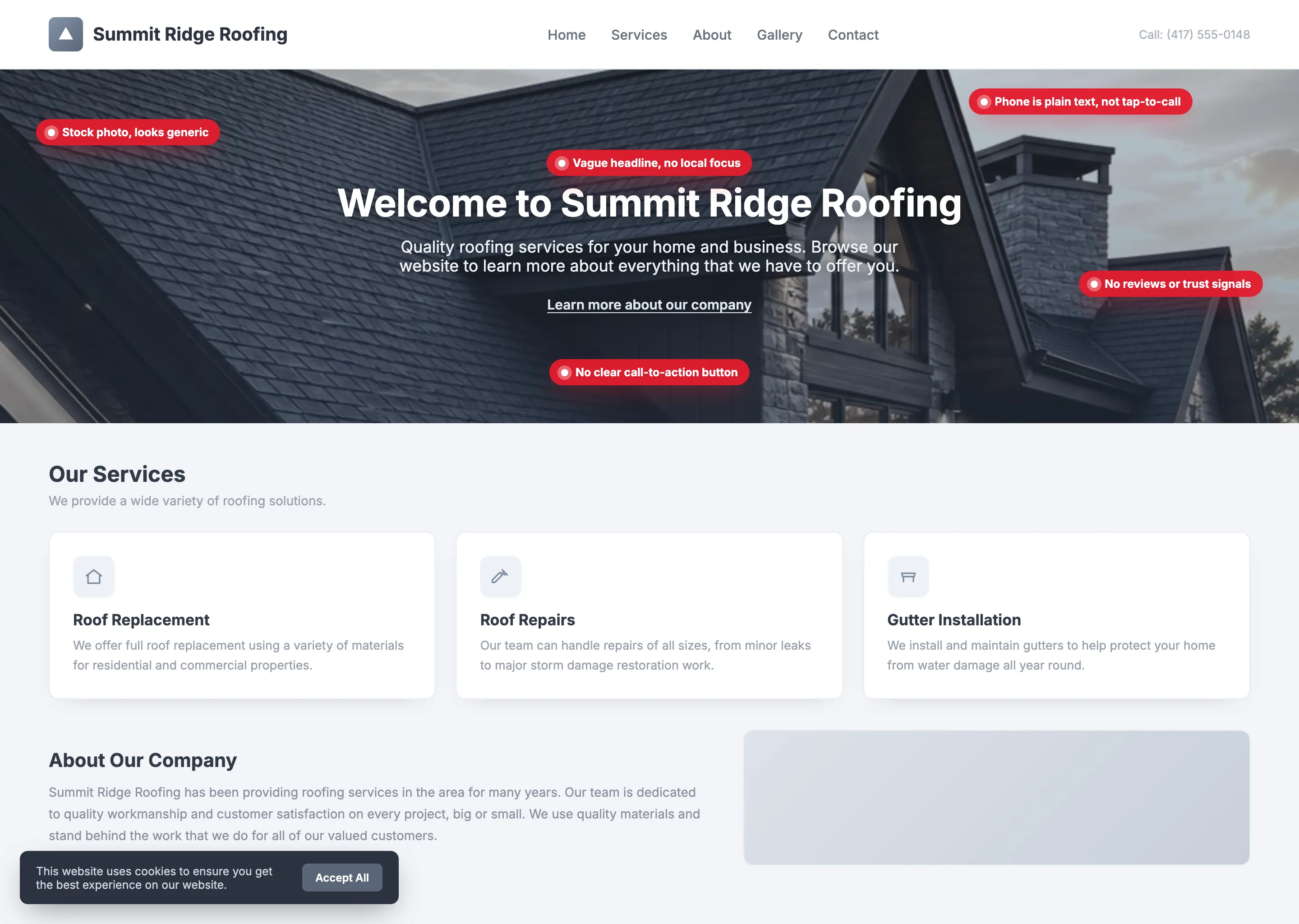 A modern roofing website with clear conversion leaks