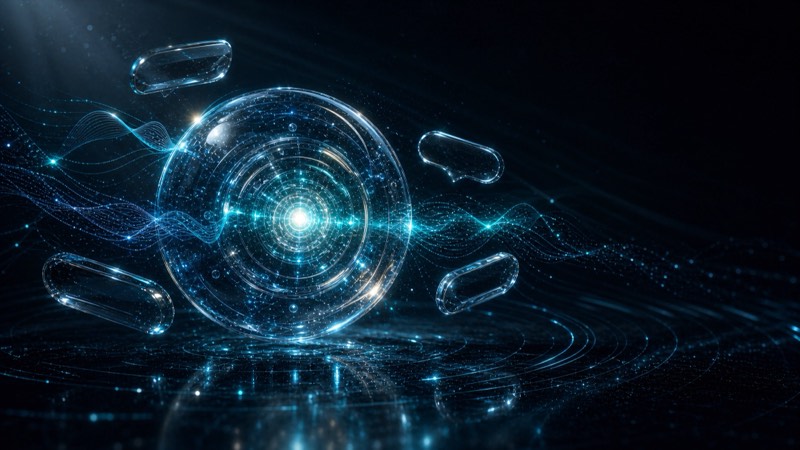 A glowing glass ring surrounded by floating message bubbles on a dark background