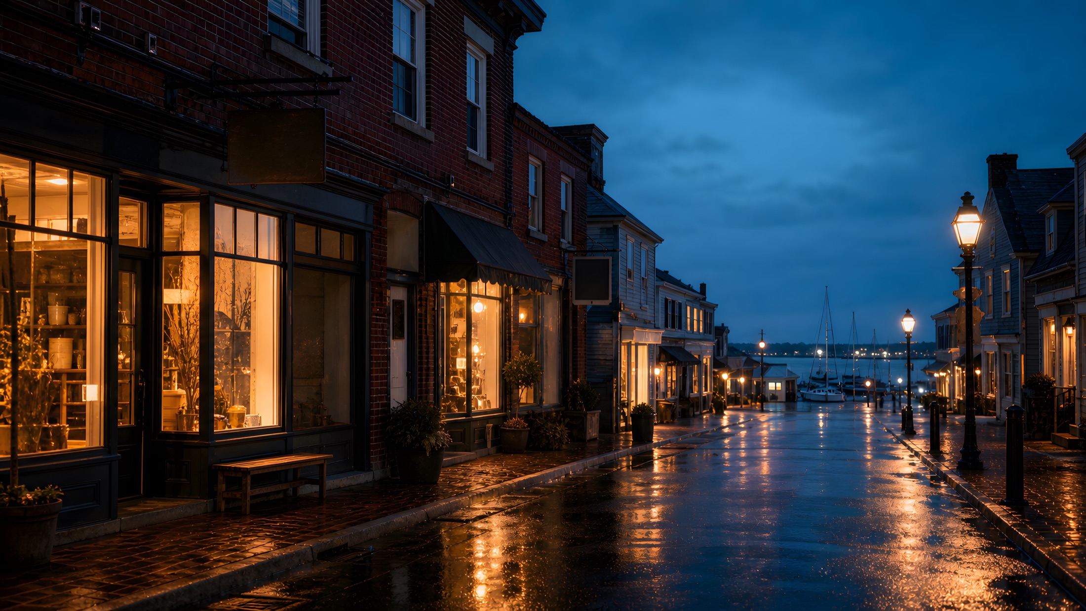 A small-town main street glowing at night