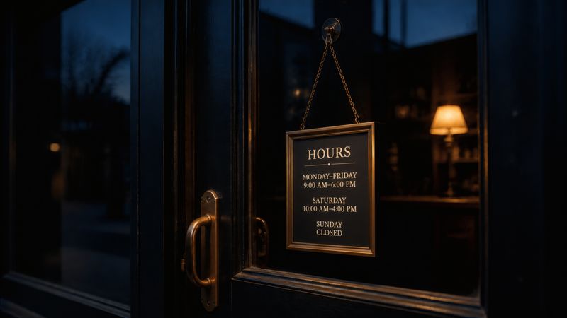 A shop door at dusk with a brass-framed hours sign catching the last light