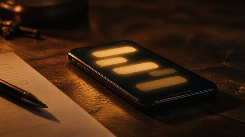A phone on a dark workbench glowing with a text conversation