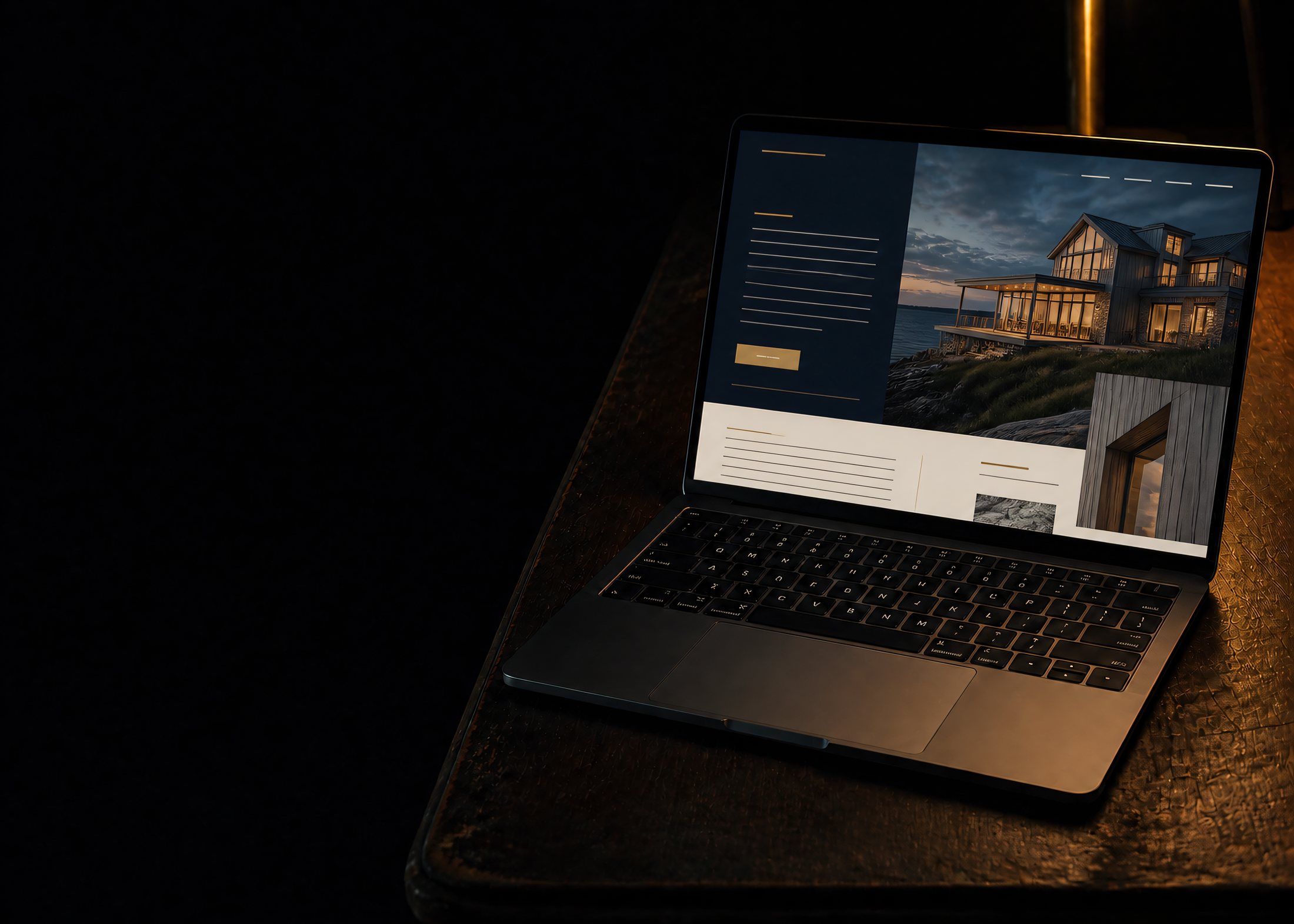 A laptop on a dark desk at night showing a hand-built site for a coastal home, navy and gold, under warm lamplight