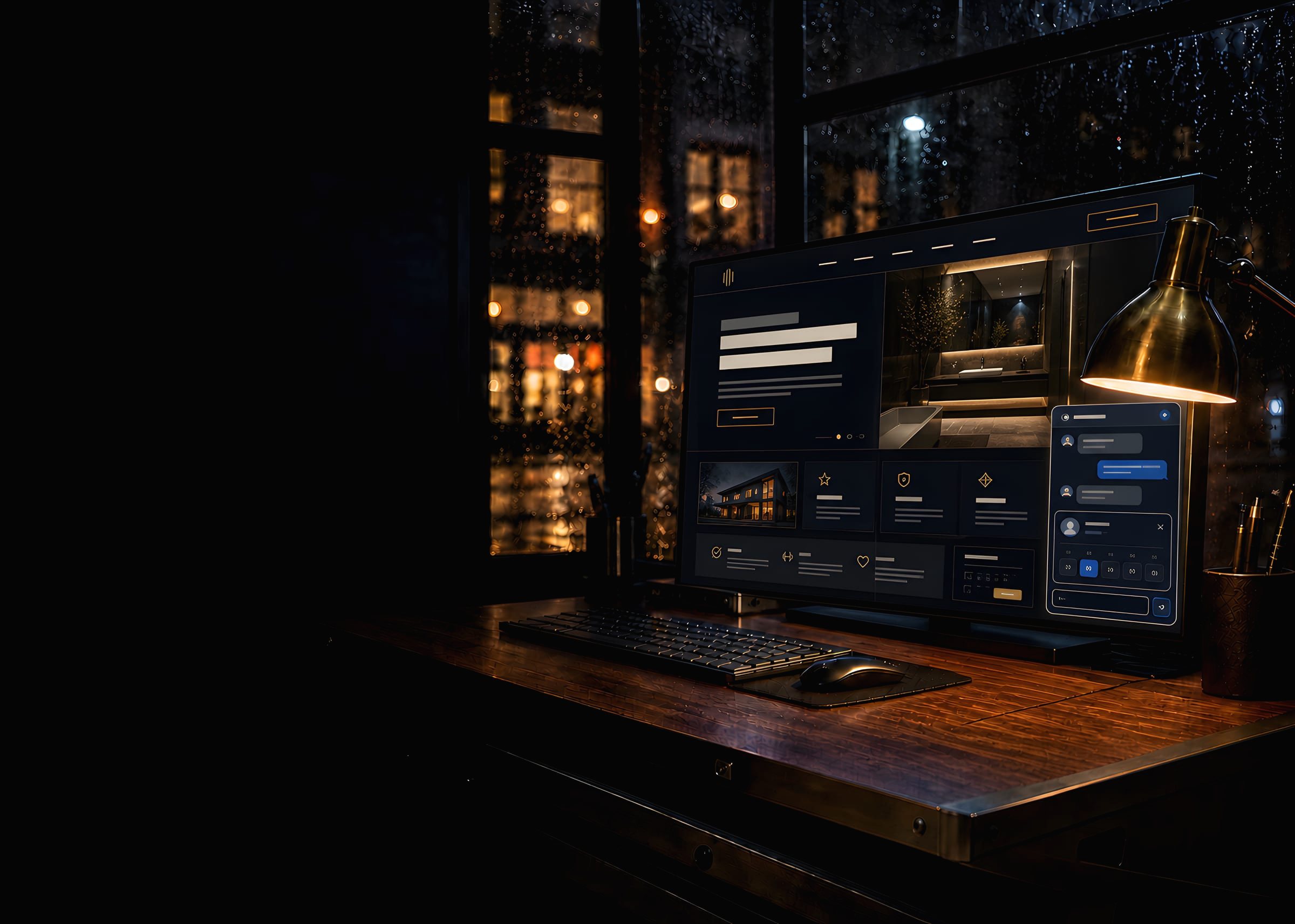 A studio desk at night: a monitor showing a website taking shape beside its chat assistant, a brass lamp over walnut, keyboard and mouse, rain on the windows and the warm lights of a small-town street beyond