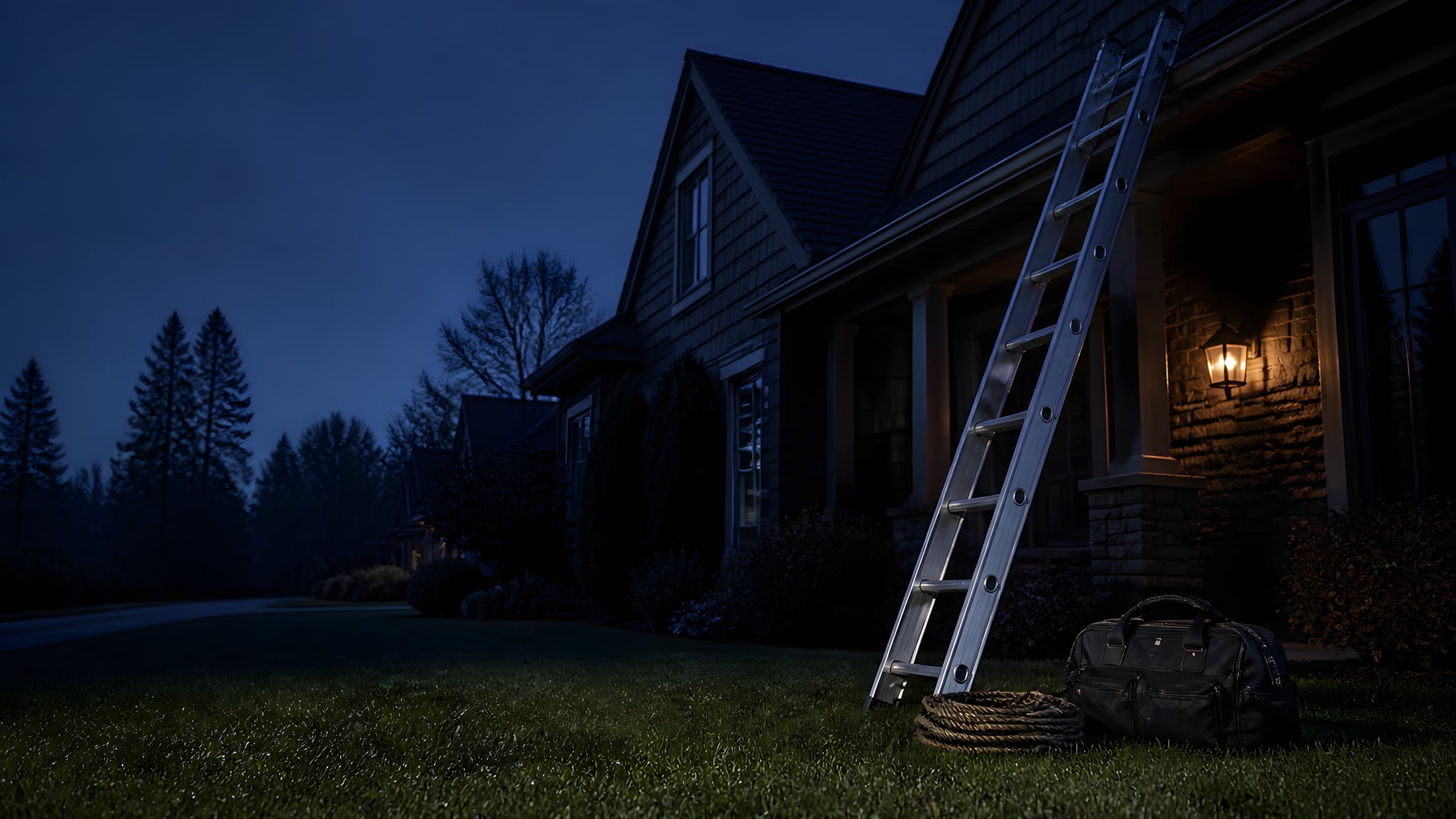 A ladder still leaning against a shingled house at dusk, the porch light on and a tool bag on the lawn