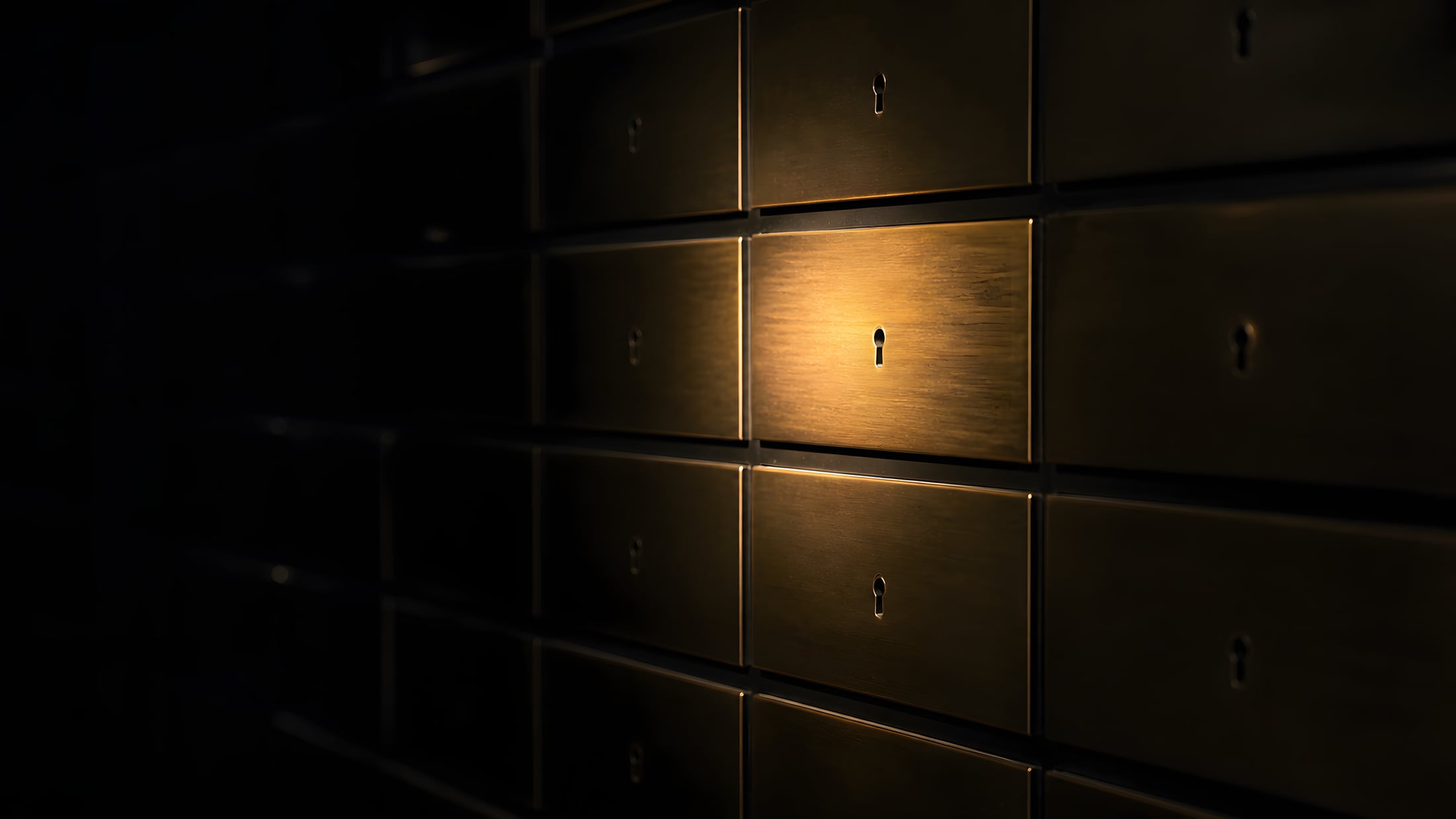 A brass-cased strongbox on dark walnut, one warm light on its face