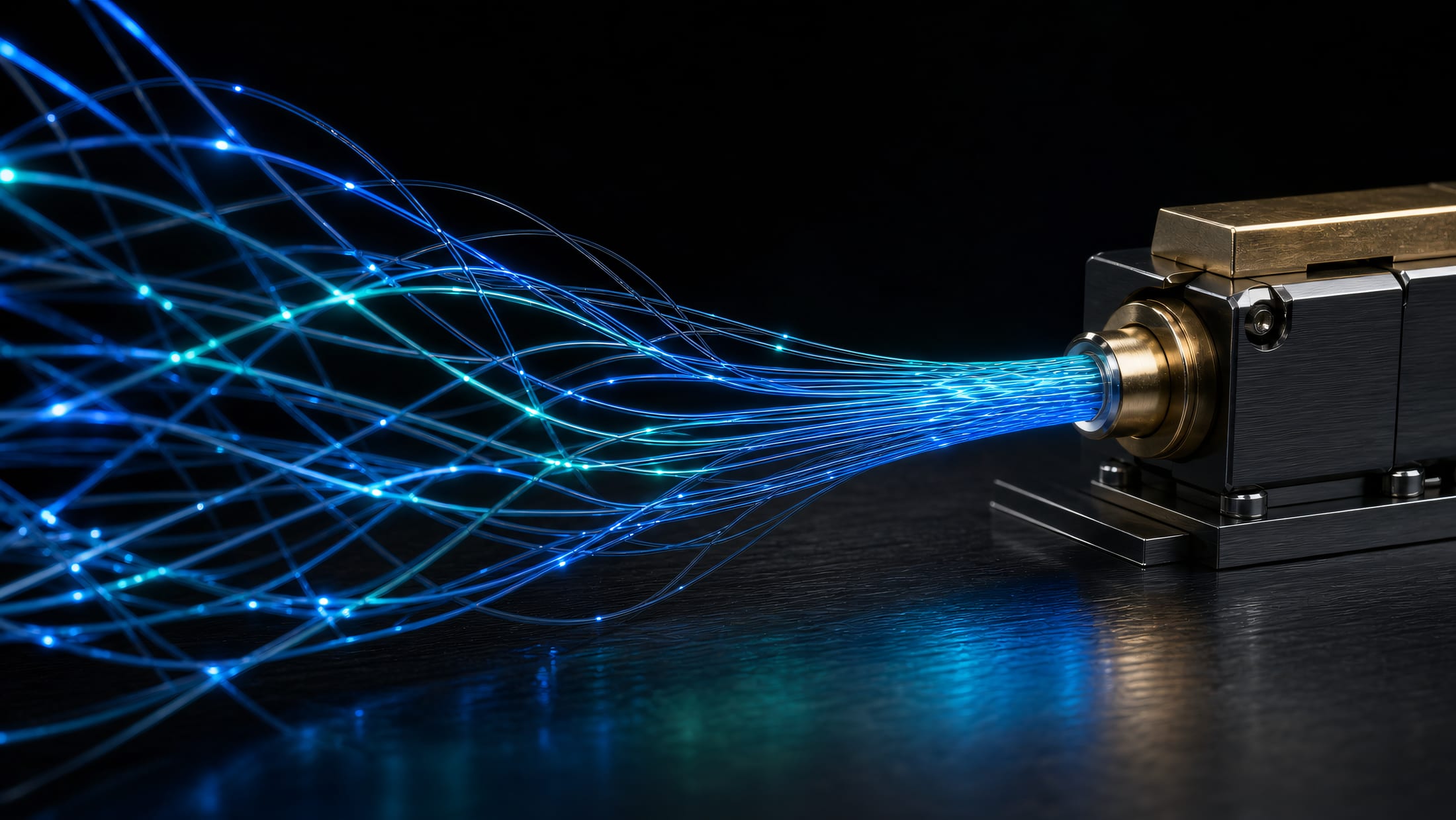 Fine lit threads running through the dark and gathering into a single brass terminal