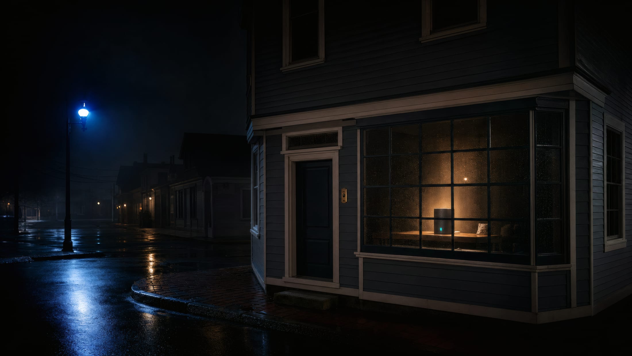 A Rhode Island clapboard shop corner at night in soft rain, one warm light glowing at a desk inside the front window
