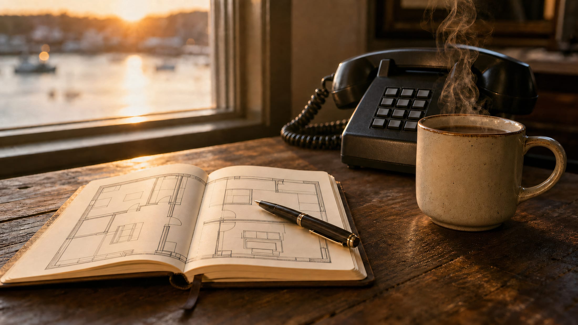 A desk by a coastal window at golden hour: an open notebook, a phone and a cup of coffee