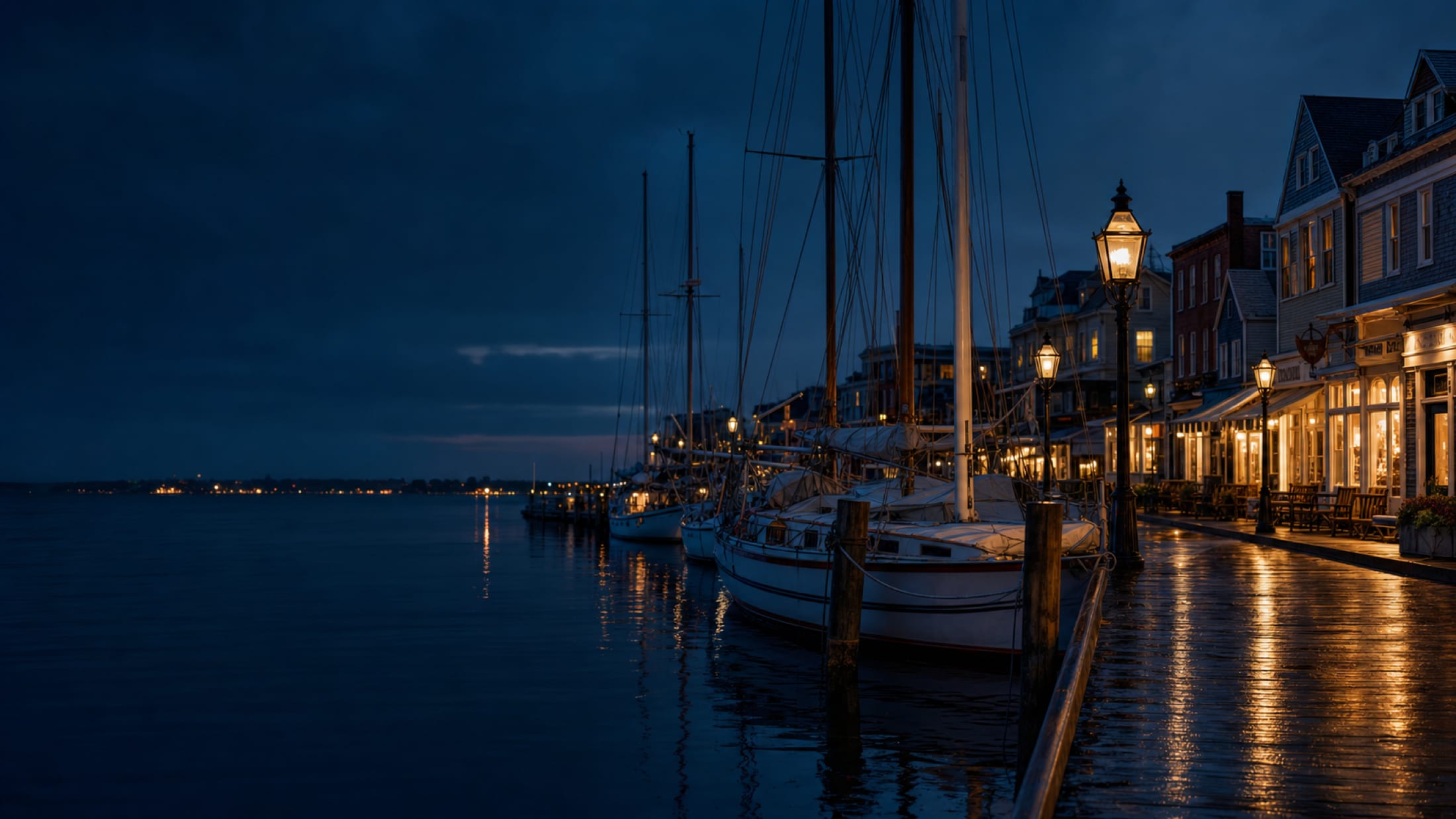 Newport harbor at blue hour, tall sailboat masts and a lit gas-lamp wharf