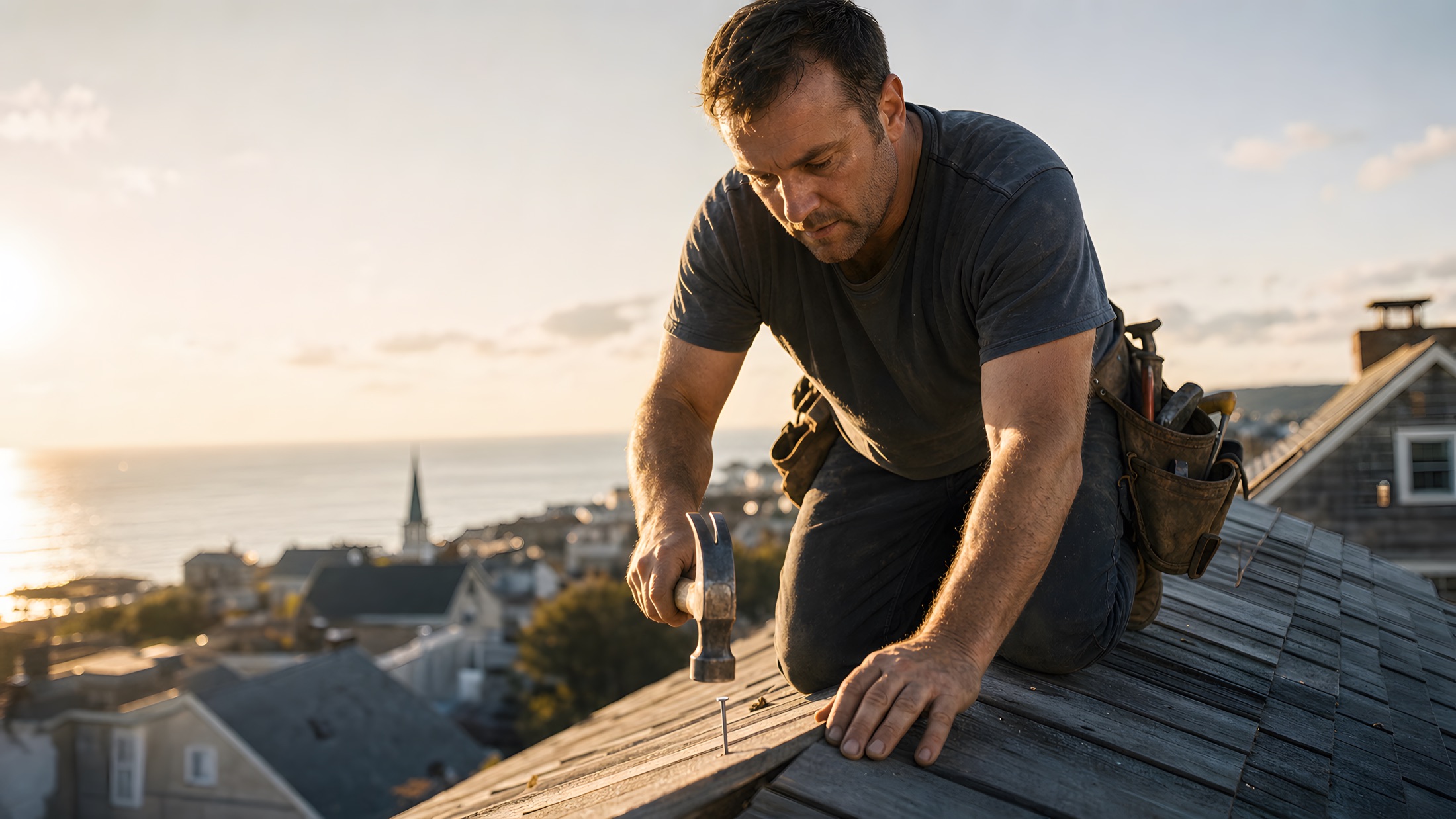 A roofer working on a rooftop at golden hour above a coastal town