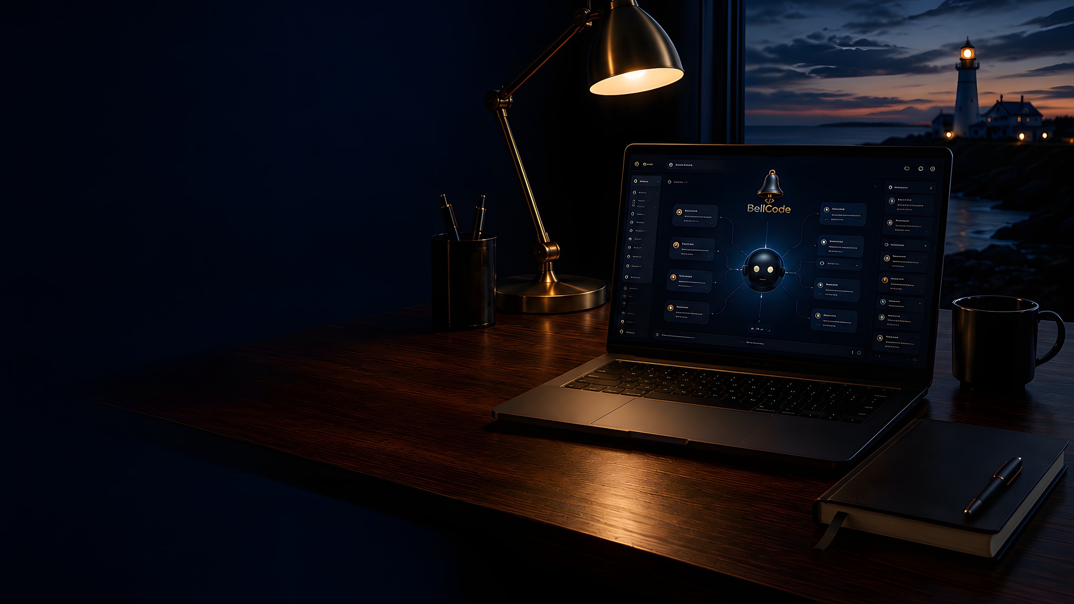 A laptop on a dark wooden desk at night running a BellCode workspace, a brass lamp beside it and a coastal lighthouse through the window