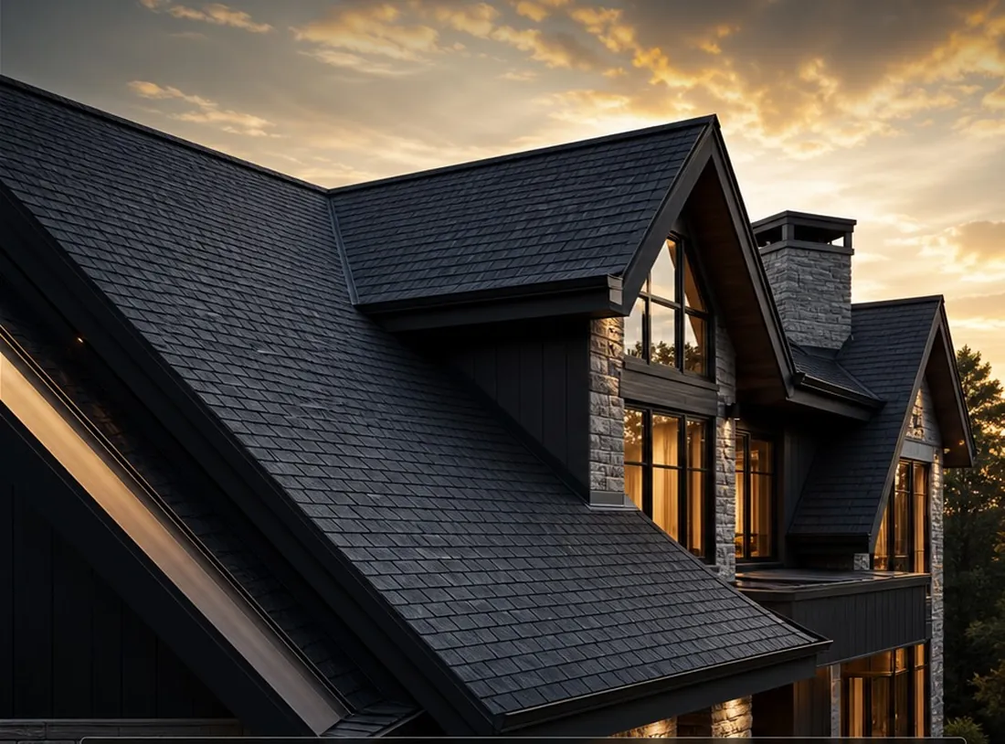 Luxury home with a precision slate roof at sunset