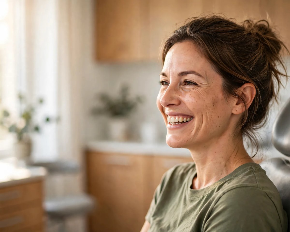 A patient laughing in the treatment chair in warm morning light