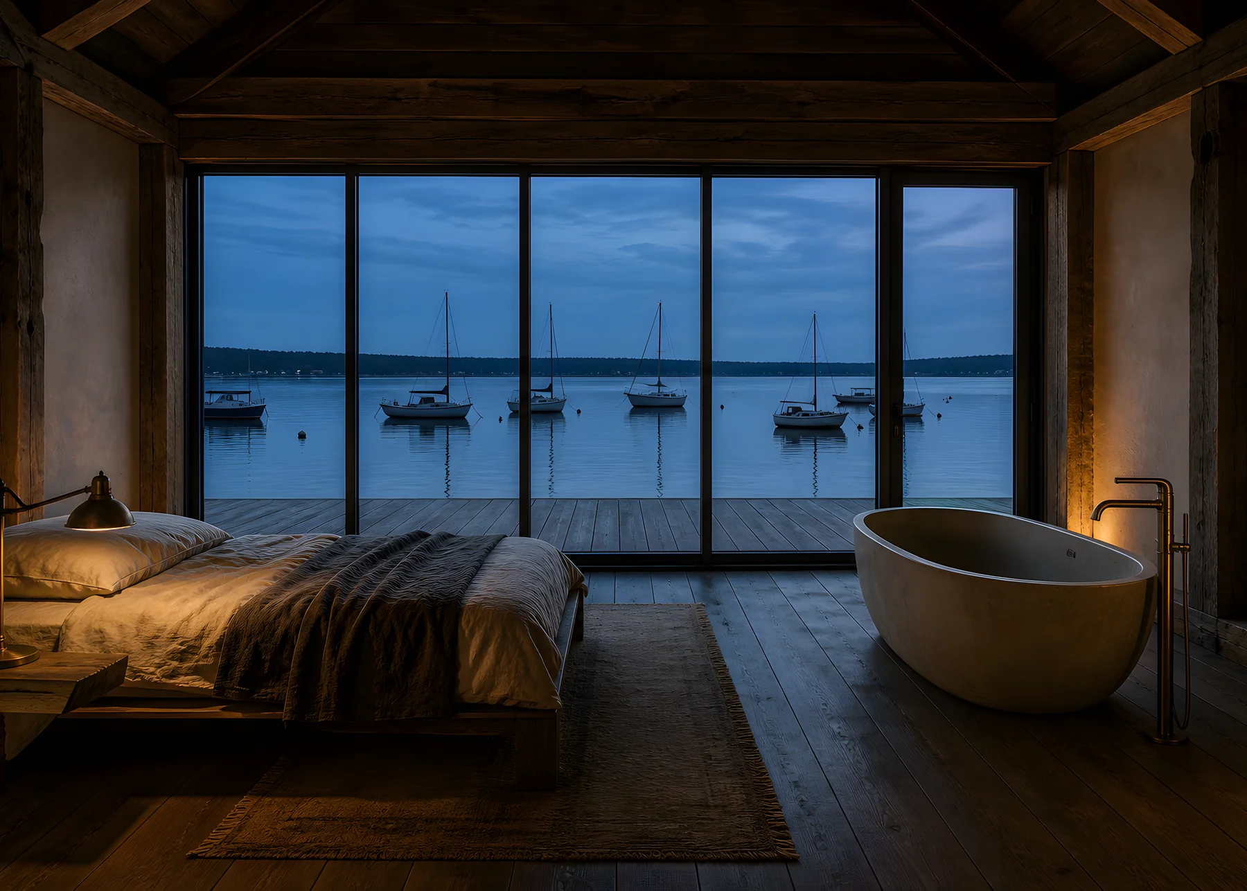 The Boathouse: a timber room at the water's edge with a glass wall over the harbour