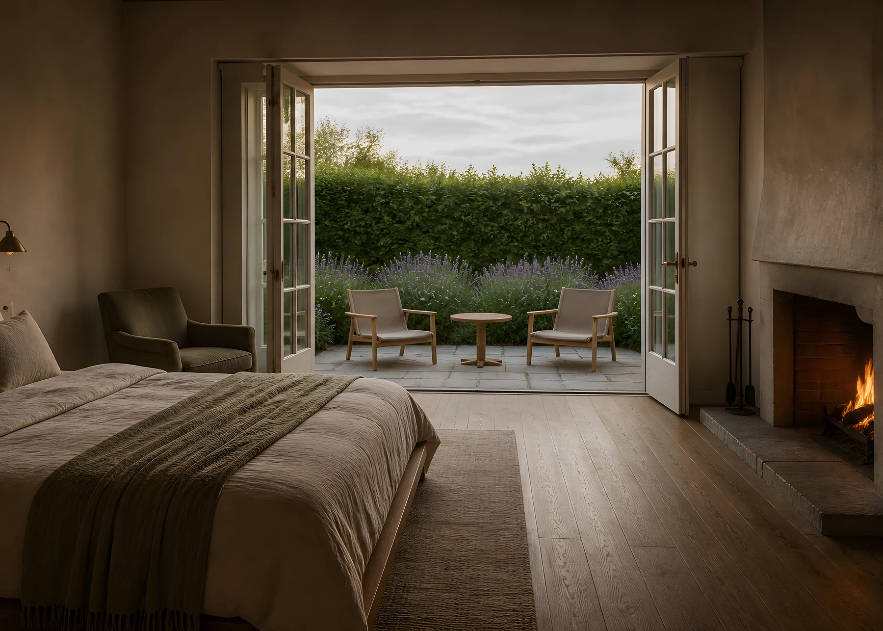 The Garden Suite: French doors open onto a small stone terrace edged with lavender
