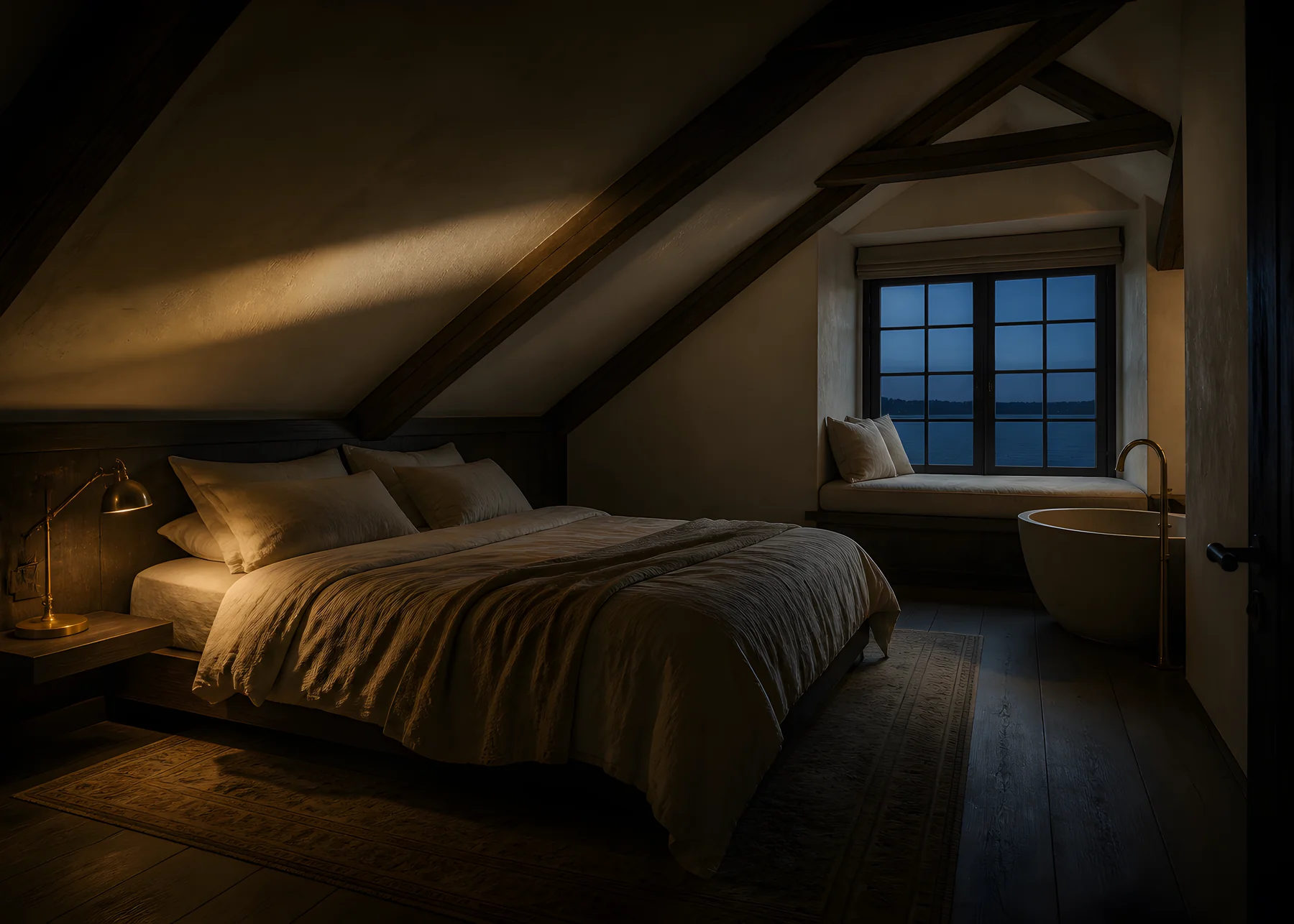 The Lighthouse Room: a king bed beneath timber eaves with an east window seat looking out to dark water