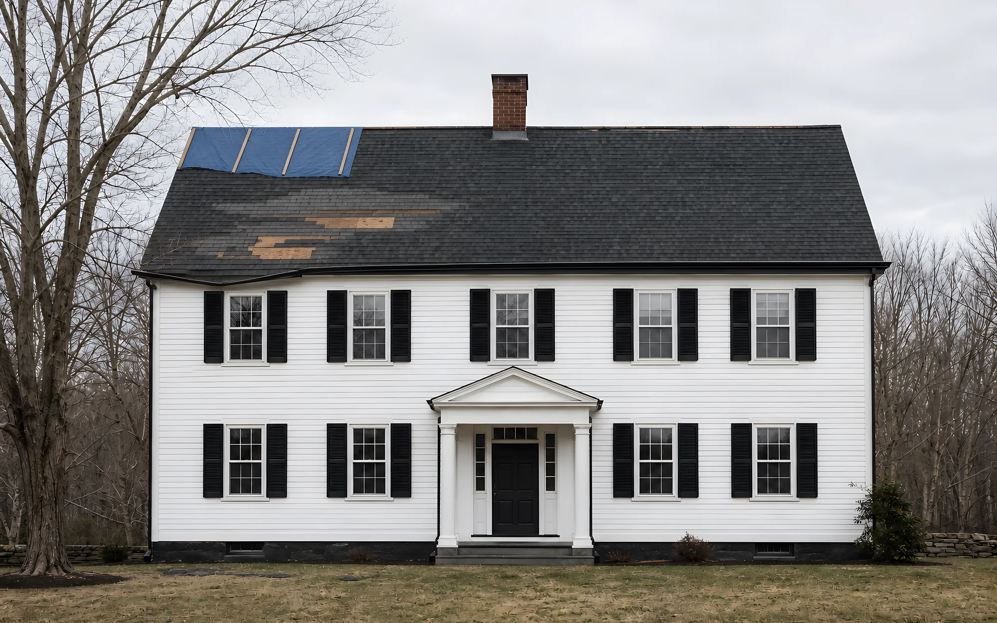 The same house after a February wind storm: four courses of shingles torn away, the ridge cap missing, one corner tarped and a gutter pulled loose