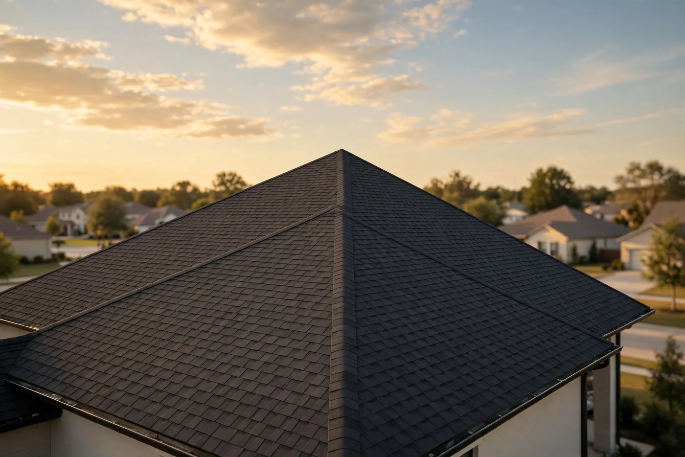 A finished roof in new charcoal architectural shingle, photographed in late afternoon light