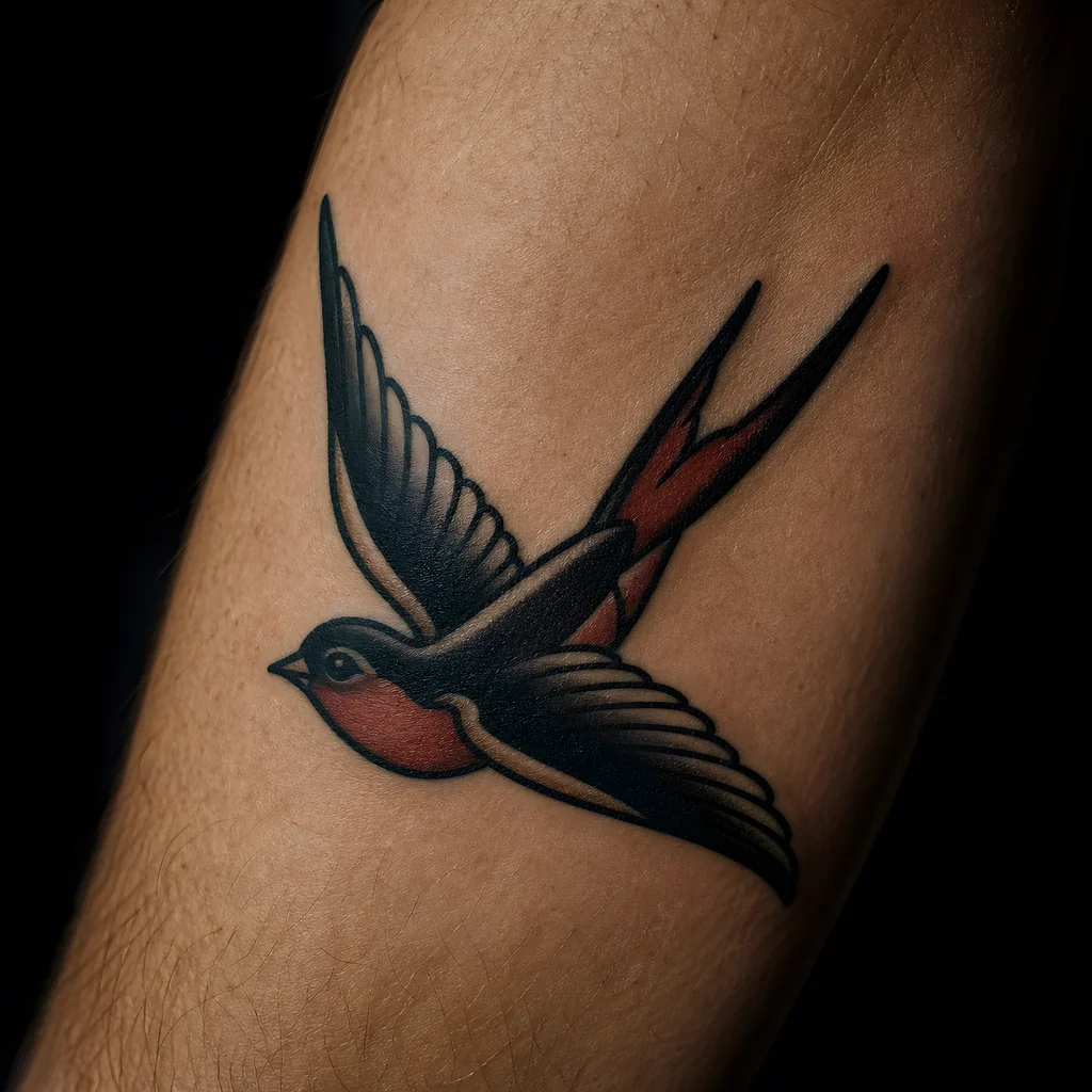 A healed traditional swallow tattoo on a forearm