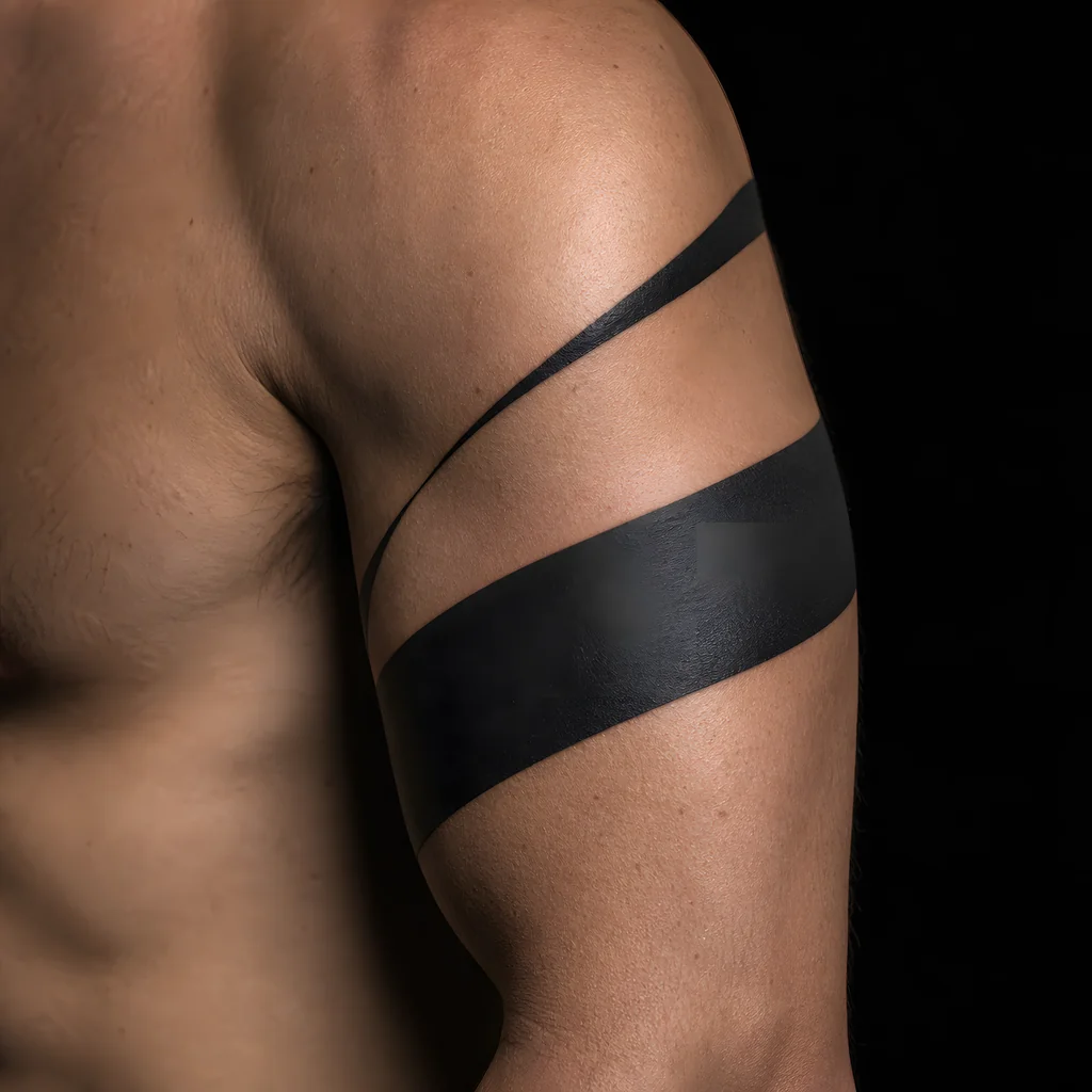 A healed blackwork serpent coil tattoo wrapping an upper arm