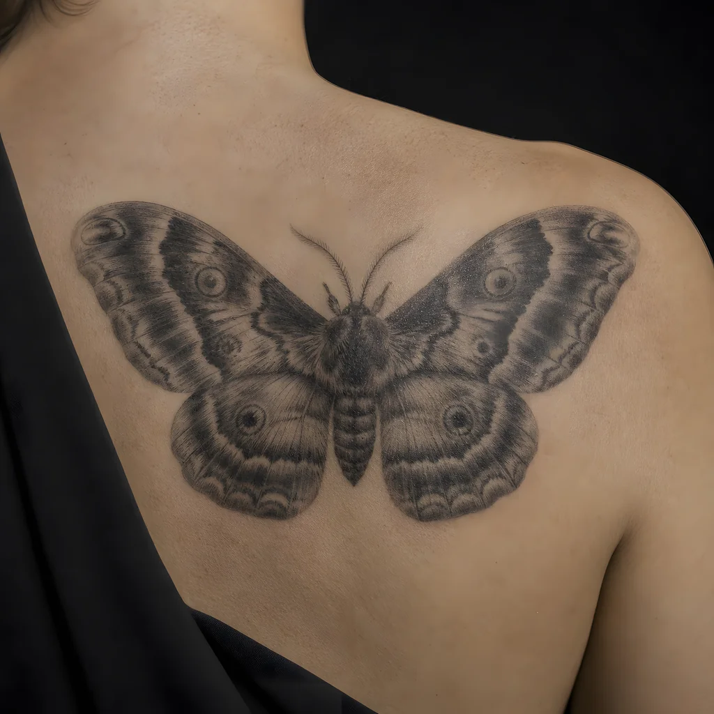 A healed moth tattoo with softly shaded wings on a sternum