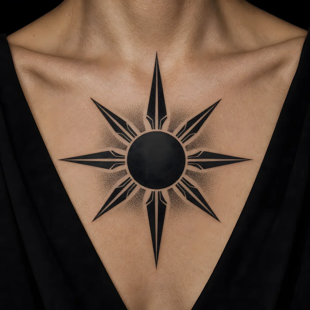 A healed blackwork sunburst tattoo centered on a sternum