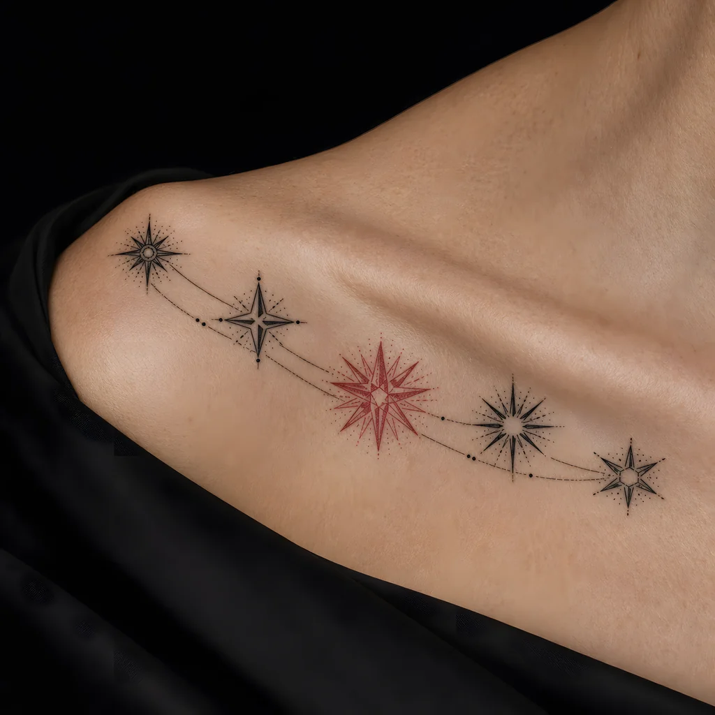 A healed fine line constellation tattoo across a collarbone
