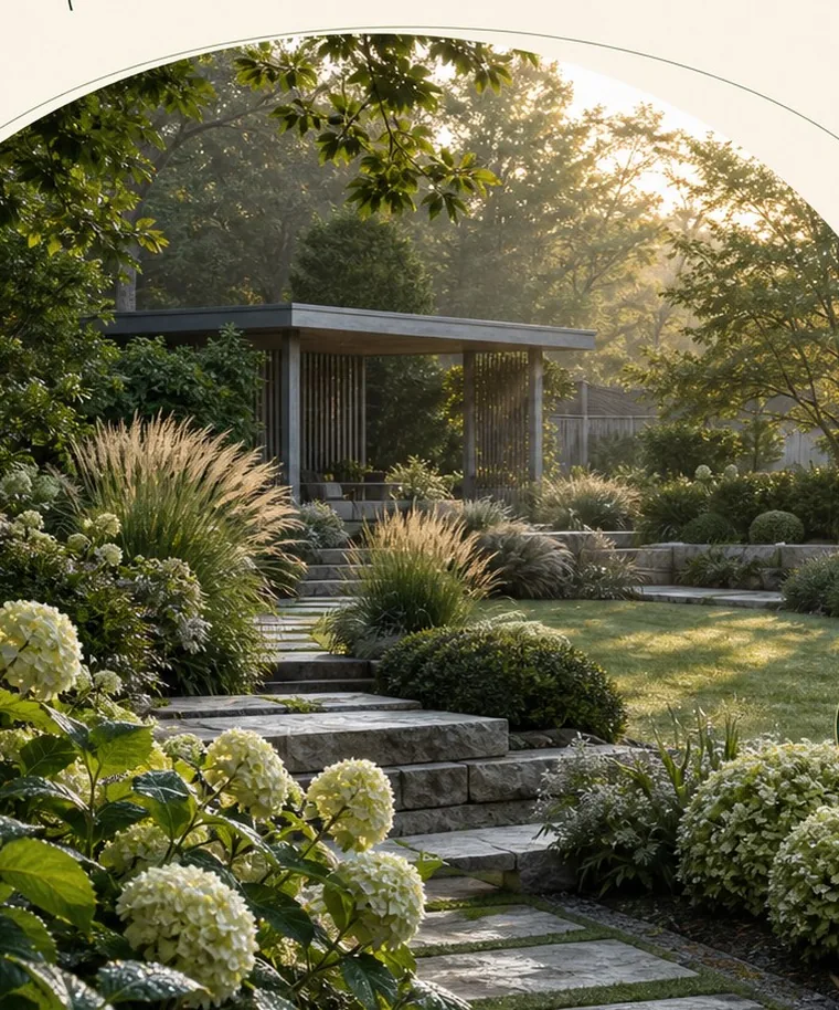 Stone terraces and soft planting at golden hour